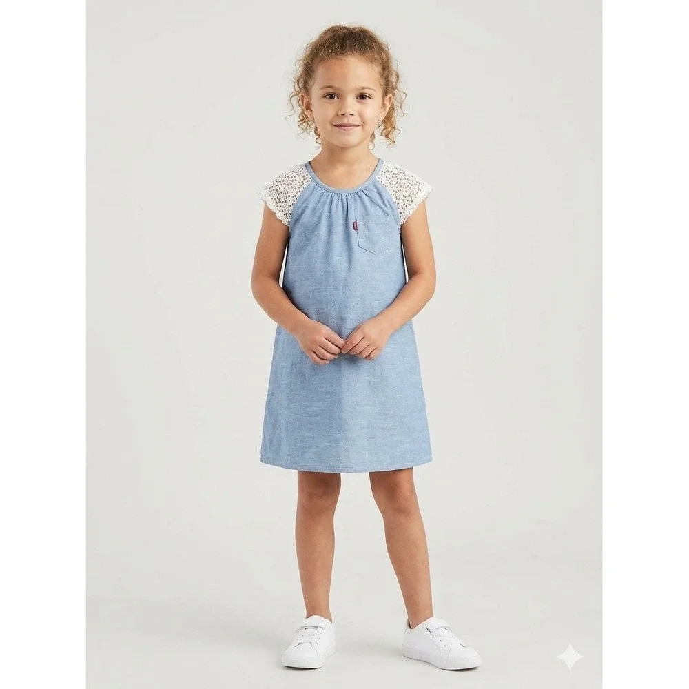 NWT Levis Girls Blue Chambray Dress Crochet Lace Sleeve Cotton Size 6X 6-7 YRS